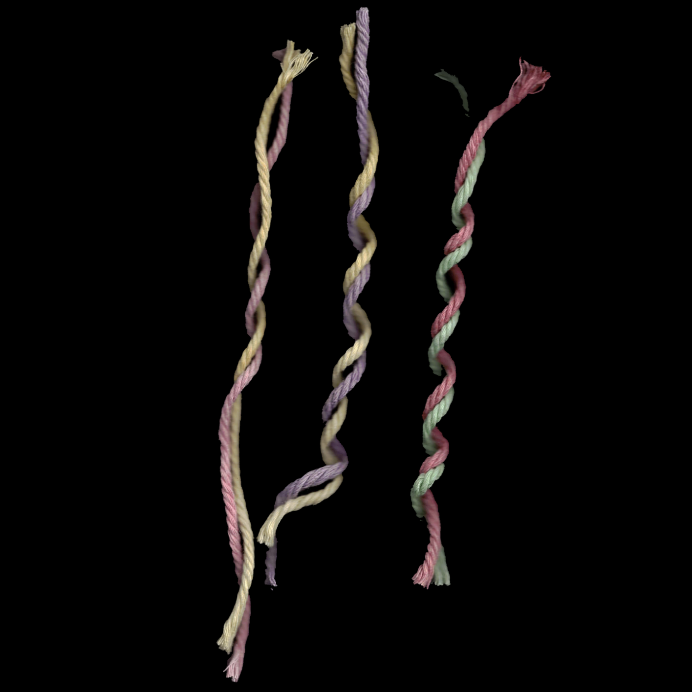 PICTURE: Different sections of unknotted threads coiled around each other
     representing the dipthong vowels /ai/, /ɛi/ and /au/ .